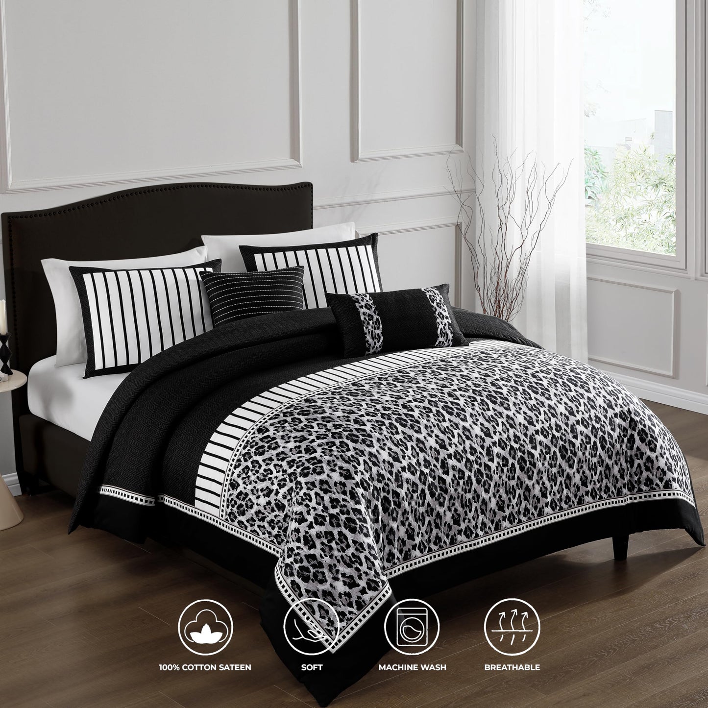 Bebejan Jaguar 5 Piece Reversible Comforter Set, 100% Cotton Sateen, 220 Thread Count, Black Bedding Comforter Set, 1 Comforter, 2 Shams & 2 Pillows (King/Cal King)