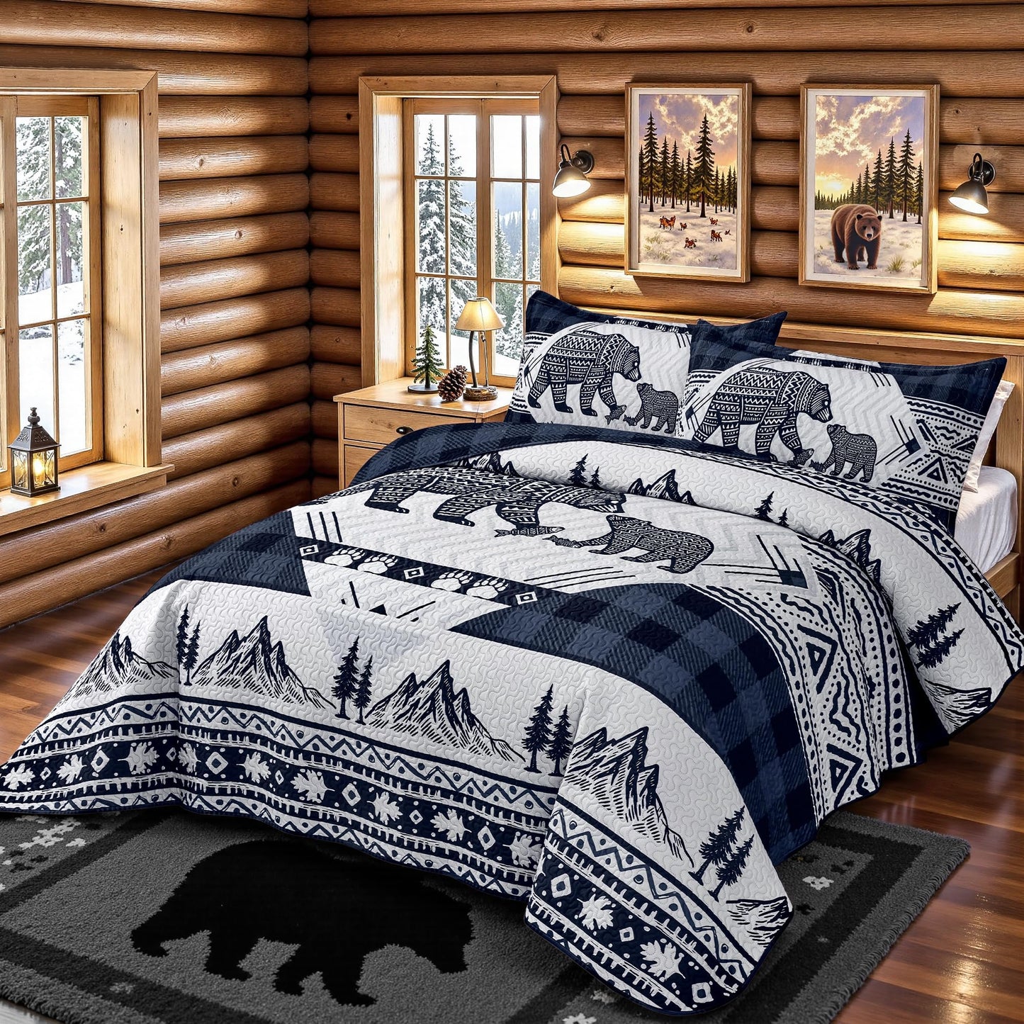 3 Piece Cabin Full/Queen Quilt Sets Farmhouse Rustic Reversible Microfiber Soft Lightweight Bedspread Comforter with 2 Shams Patchwork Country Lodge Bedding Quilts Set for All Season, 90''x96'' , Blue