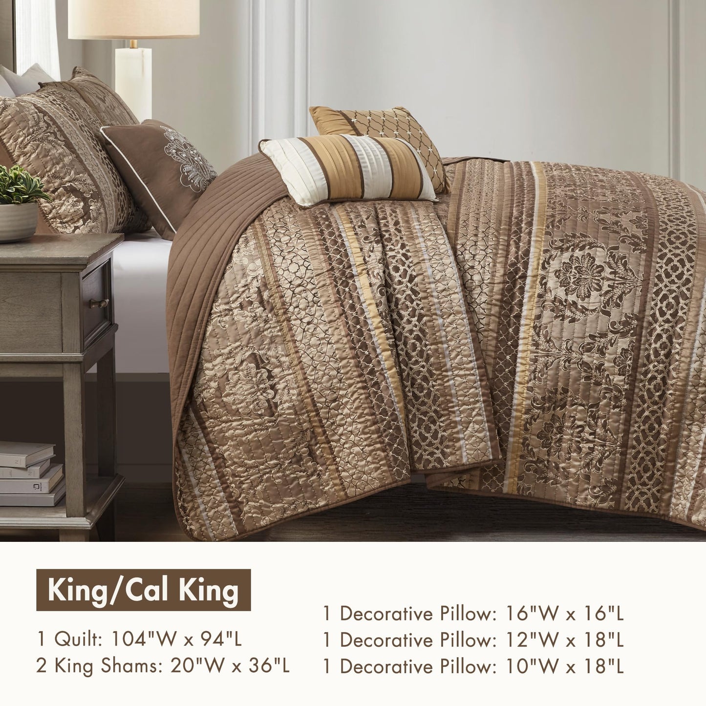 Madison Park Quilt Traditional Damask Design All Season, Lightweight Coverlet Bedspread Bedding Set, Matching Shams, Pillows, King/Cal King(104"x94"), Bellagio, Jacquard Brown/Gold 6 Piece (MP13-369)