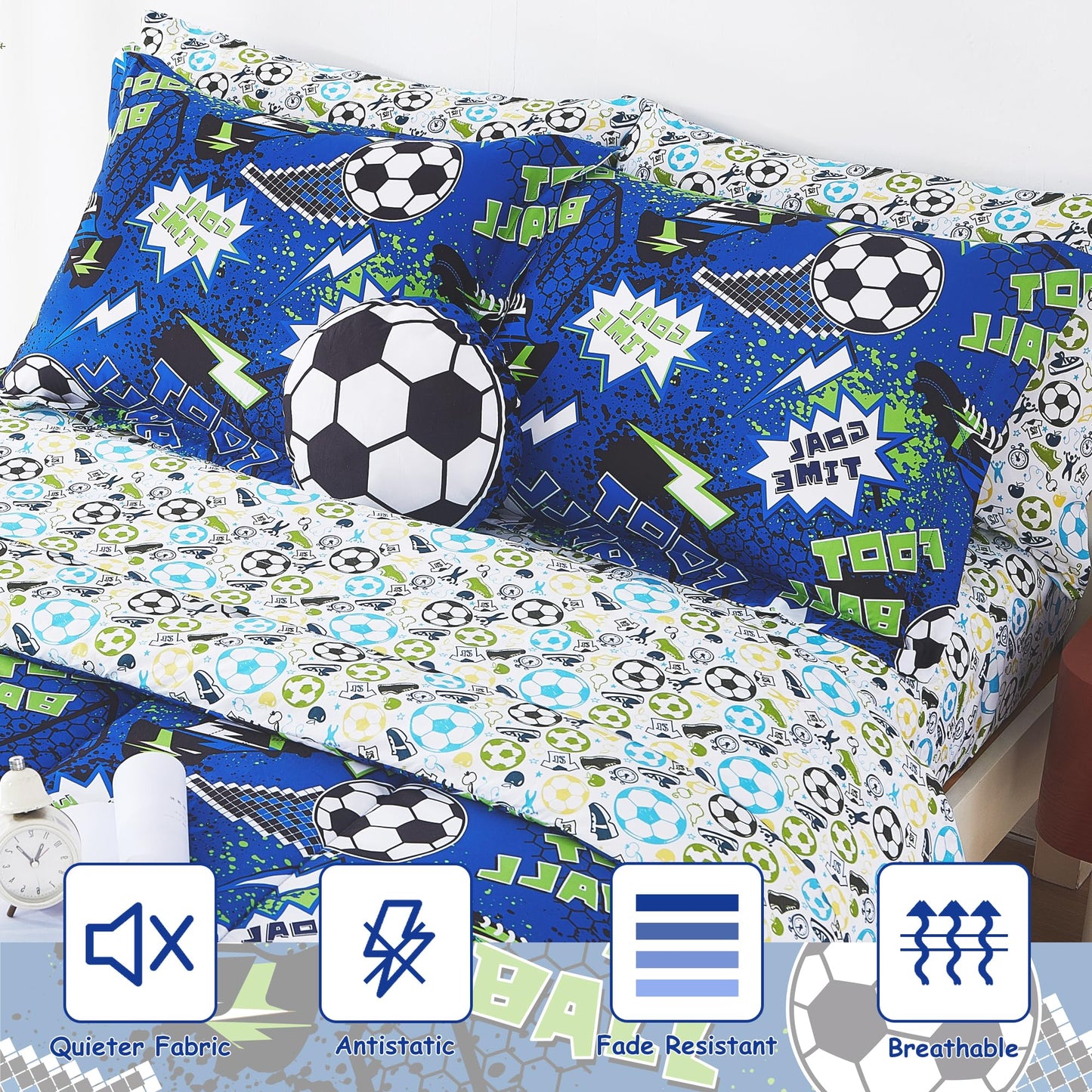 Mooreeke Kids Twin Comforter Sets for Boys 6 Pieces Cool Football Bedding Set for Teens Microfiber Blue Green Soccer Kids Bed in A Bag with Comforter, Sheet Set, Shams and Decorative Toy Pillow