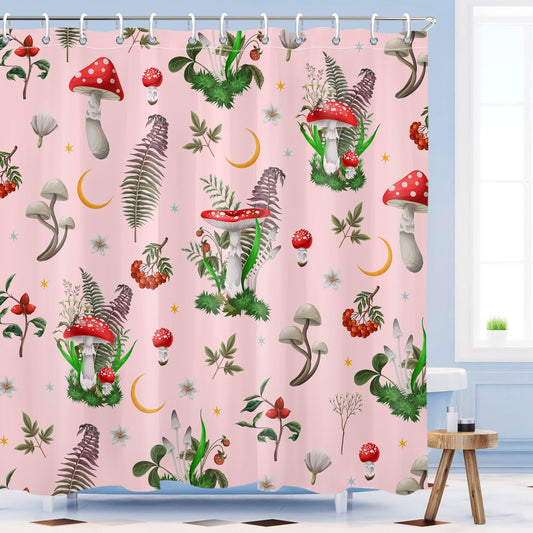 Mayormyth Boho Mushroom Shower Curtain Vintage Shower Curtain Cottagecore Plant Shower Curtains for Bathroom Home Decor Pink Polyester Waterproof Cloth Fabric with Hooks