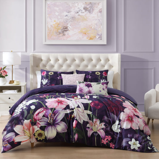 Bebejan Morning Glory 5 Piece Comforter Set, 100% Cotton Sateen, 220 Thread Count, Purple Floral Reversible Bedding Comforter Set, 1 Comforter, 2 Shams & 2 Pillows (King/Cal King)
