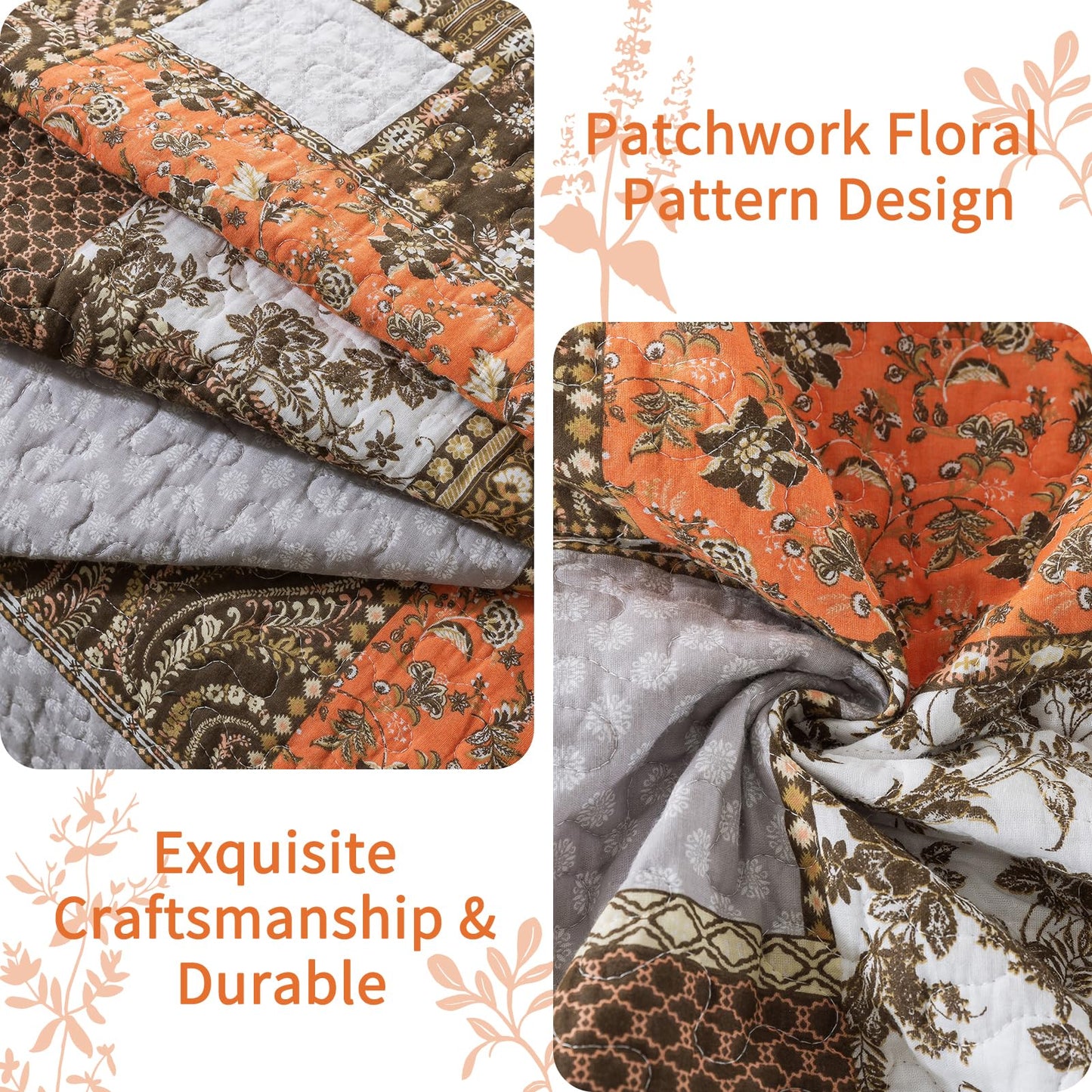 VAPUTAR Quilts Queen Size - Fall Cotton Quilt Set Quilted Bedspread Coverlet Lightweighet Bedding Set with Shams for All Season, 3 Piece Boho Patchwork Quitled Bedspread Queen Size (Dream Orange)