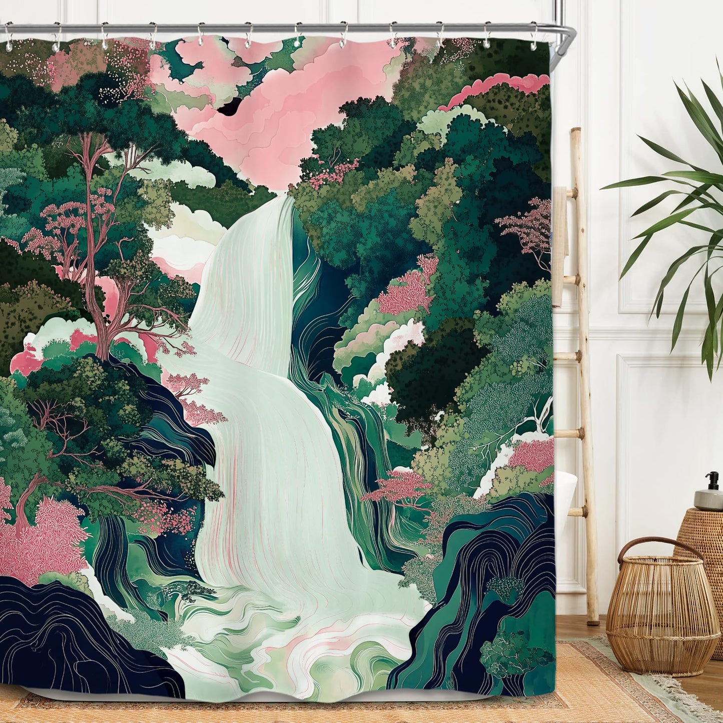 Miyotaa Abstract Waterfall Forest Shower Curtain Set 60Wx71H Inches Emerald Green Pink Japanese Aesthetic Landscape Scene Forest Tree Polyester Waterproof Bathroom Curtain with 12 Hooks