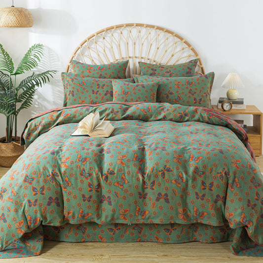 FADFAY Shabby Butterfly Duvet Cover Vintage Farmhouse Green Red Floral Bedding Super Soft Washed Double -Layer Muslin 100% Cotton Comforter Cover with Hidden Zipper Closure 3Pcs, King/California King