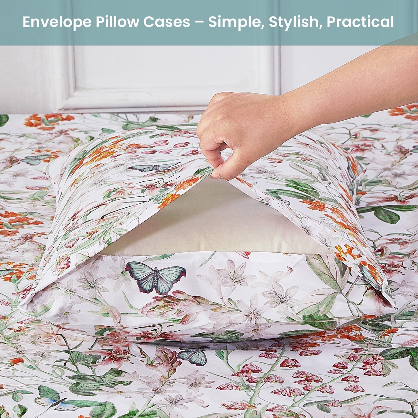 Softan Green Floral Full Sheet Set, Cozy Microfiber Butterfly Printed Fitted Bed Sheet with 15" Deep Pockets & Non-Slip Straps, Cute Girls Patterned Double Sheets & Pillowcase Set