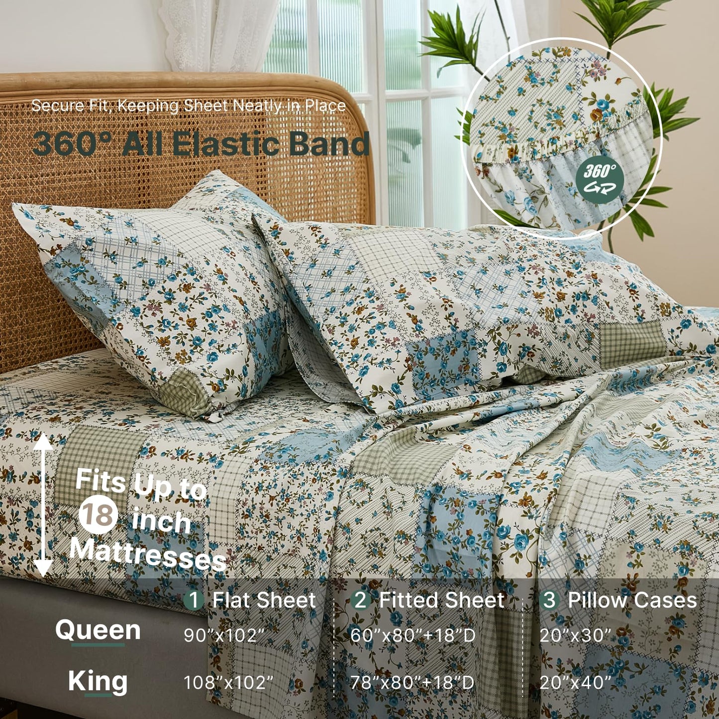 Cozaline Shabby Chic Floral Patchwork Sheets Set Queen Size, Crisp Cooling Sheets with a Smooth Cotton Percale Lightweight Feel, 4 Pieces Luxury Soft Deep Pocket Fitted Sheet 17.5''
