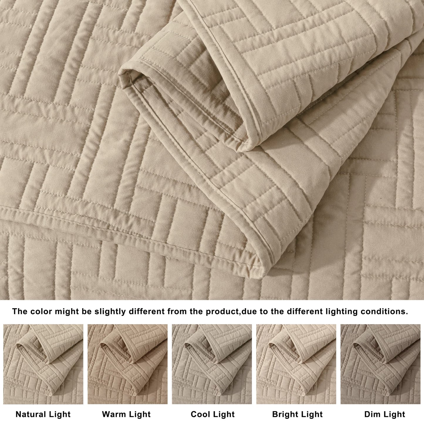 Beige Quilt Queen Size Bedding Sets with Pillow Shams, Cream Tan Lightweight Soft Bedspread Coverlet, Basket Weave Quilted Blanket Thin Comforter Bed Cover for All Season, 3 Pieces, 90x90 inches