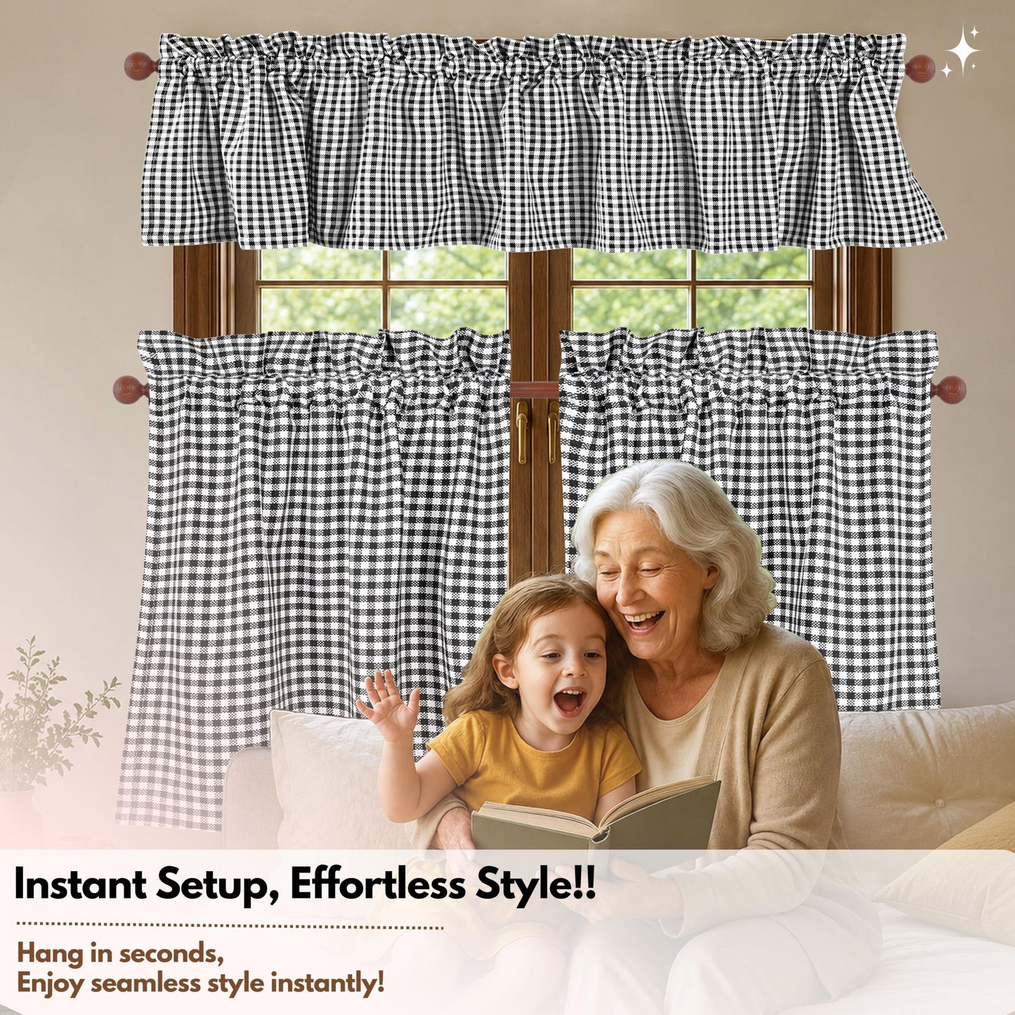 Native Fab Gingham Mini Check 3 Piece Window Curtain Tiers 26"x36" and Valance 54"x18" Set - Rod Pocket - Semi Sheer - Farmhouse Vintage Curtain for Kitchen, Cafe, Living Room - Black and White