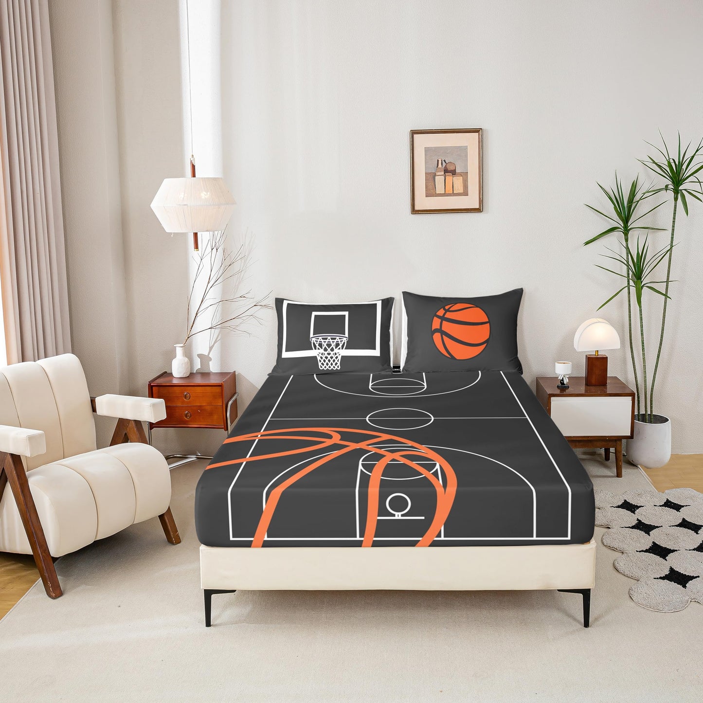 Basketball Court Print Fitted Sheet Set Full Size 4Pcs,Ball Sports Games Themed Bedding Set(1 Fitted,1 Flat,2 Pillows),Orange Basketball and Hoop Deep Pocket Bed Sheets for Girls Teens Room