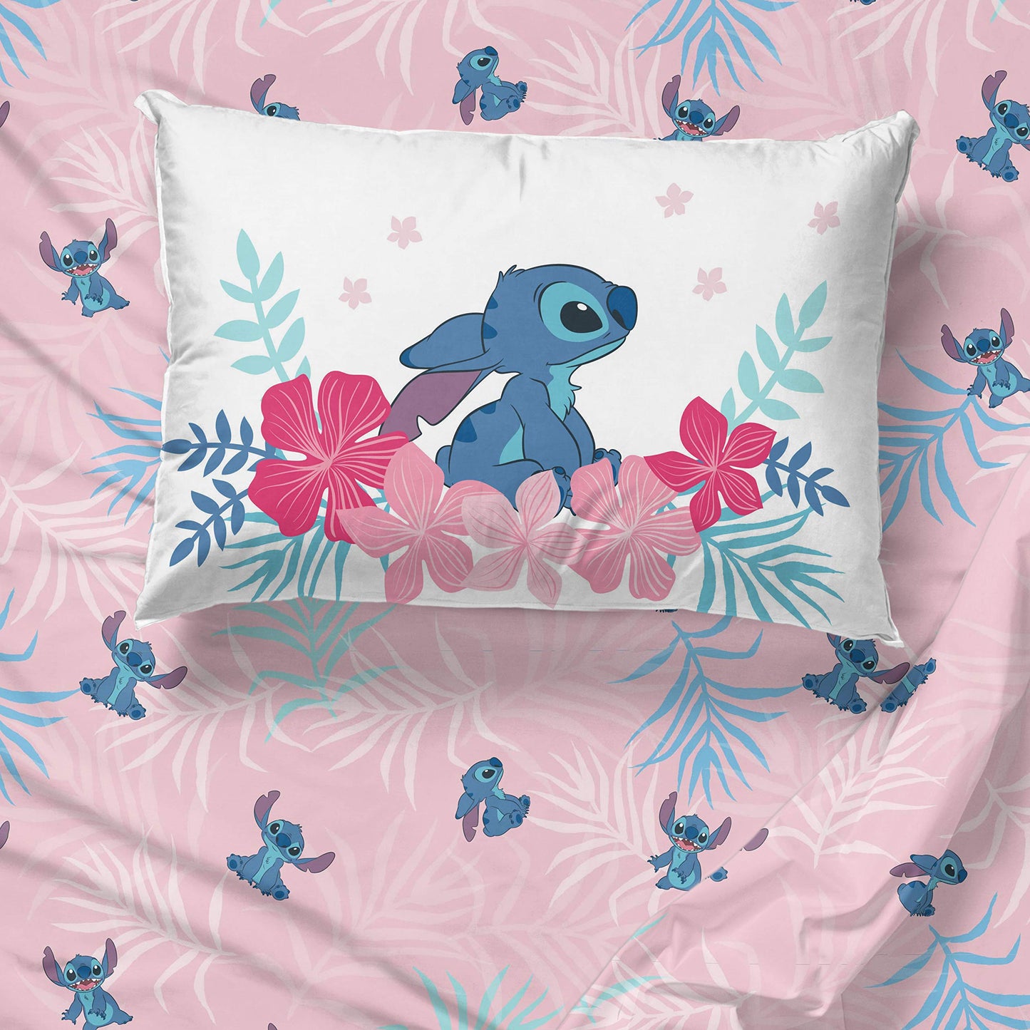 Jay Franco Kids Sheet Set with Fitted, Flat Sheets & Pillow Cover - Ultra-Soft Bedding with Pillowcase for Room Decor, Pink - Lilo & Stitch, 3 Piece Twin