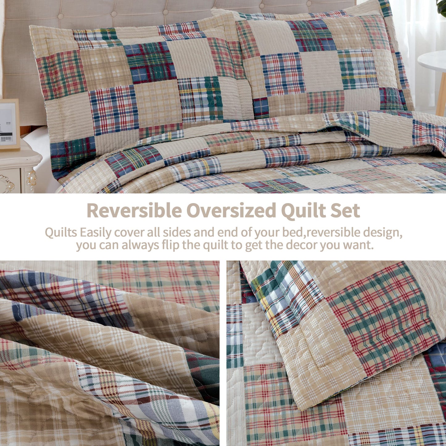 Quilt Set Queen Size Plaid Bedspread Coverlet Queen Quilts Patchwork Bedding Mens Plaid Collection Quilt Bedspread Lightweight Reversible Quilt Bedding Set Queen Bedspread with Pillow Shams,Beige