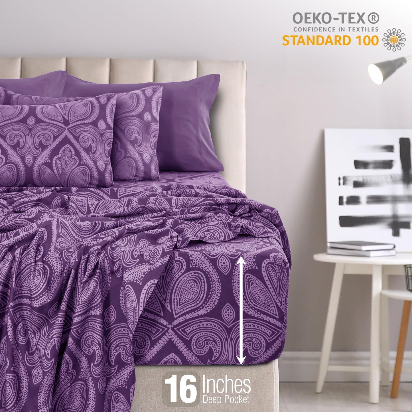 Ultra Soft Wrinkle-Free Microfiber Paisley Queen Sheet Set, Cute Floral Pattern Boho Print – 16" Deep Pocket Fitted Sheet, Flat Sheet & 4 Pillowcases, Breathable, OEKO-TEX - Purple