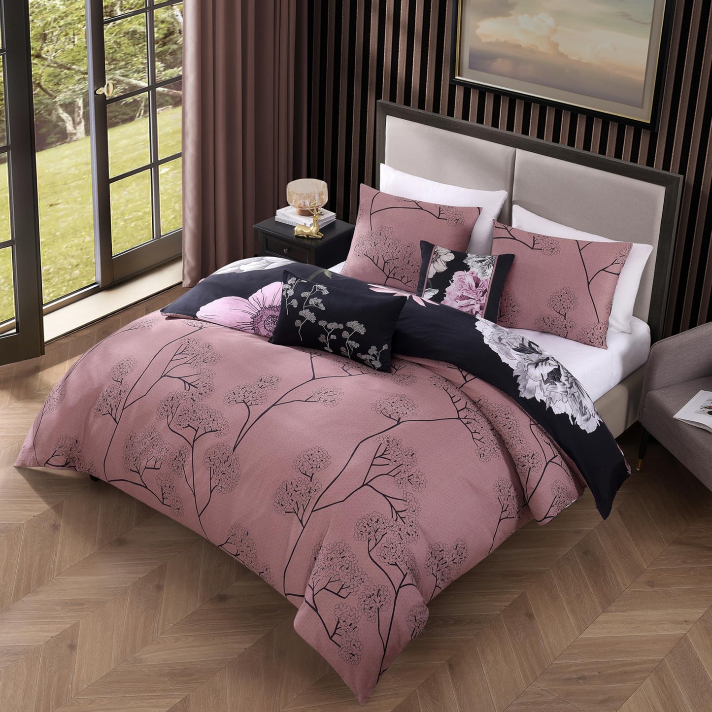 Bebejan Midnight Meadow 5 Piece Comforter Set, 100% Cotton Sateen, 220 Thread Count, Black Reversible Bedding Comforter Set, 1 Comforter, 2 Shams & 2 Pillows (King/Cal King)