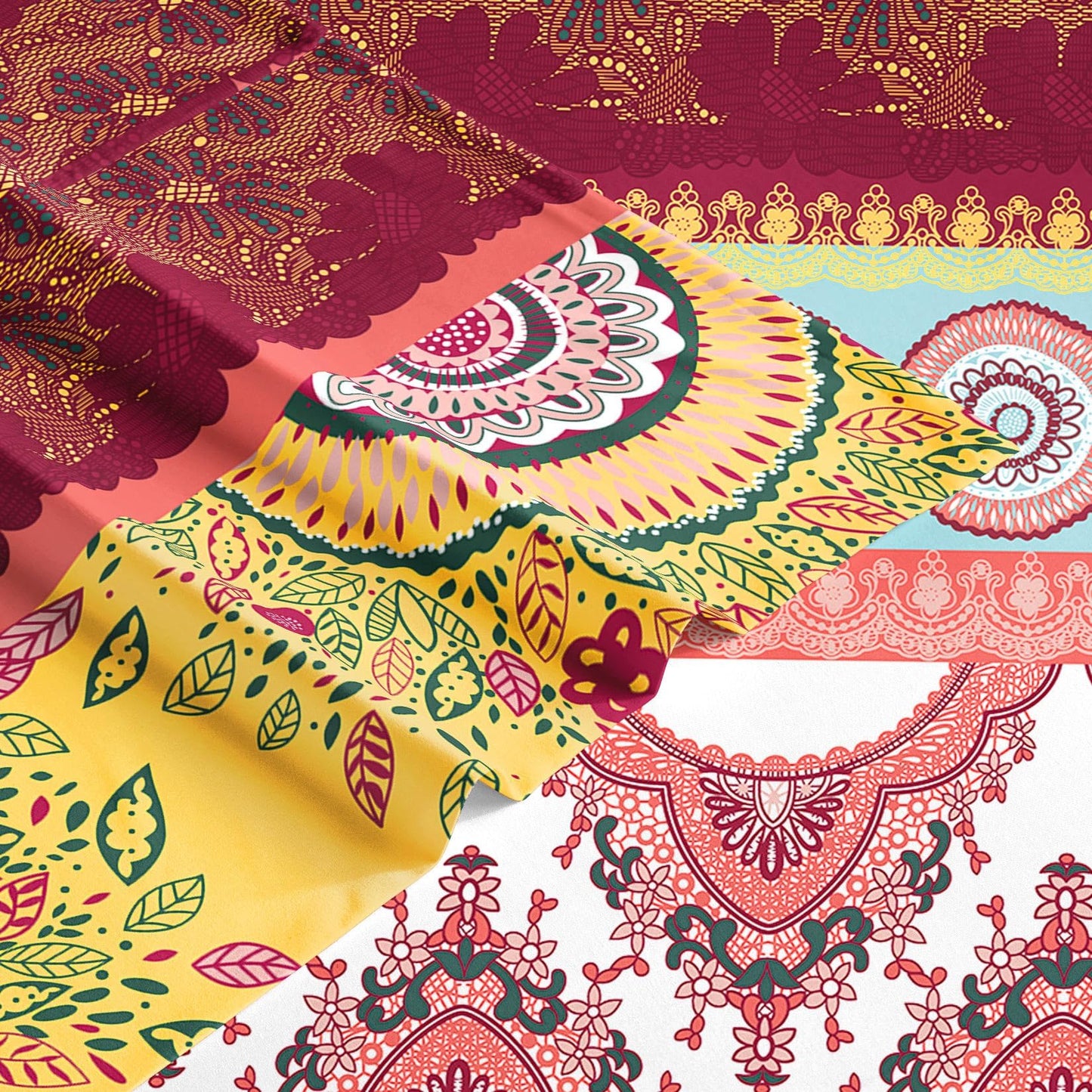 Wake In Cloud - Boho Bed Sheets, 4-Piece Sheet Set, Bohemian Chic Medallion Colorful Hippie Aesthetic Bedding, Deep Pocket, Burgundy, Queen Size