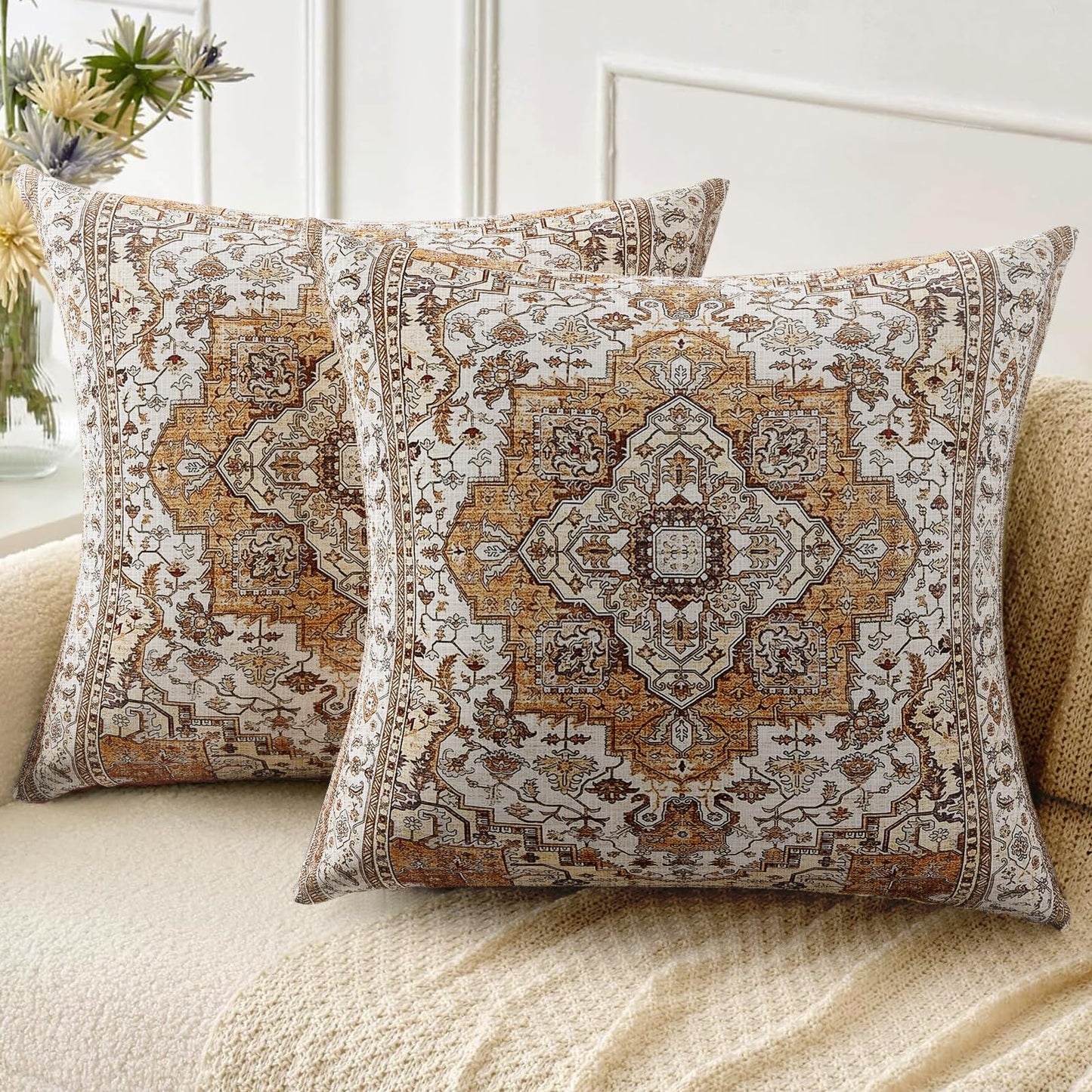 ZSYTZL Boho Throw Pillow Covers 18x18 inch Set of 2,Linen Bohemia Carpet Pattern Decorative Living Room Sofa Bed Square Pillow Case Cushion Cover-Orange Brown