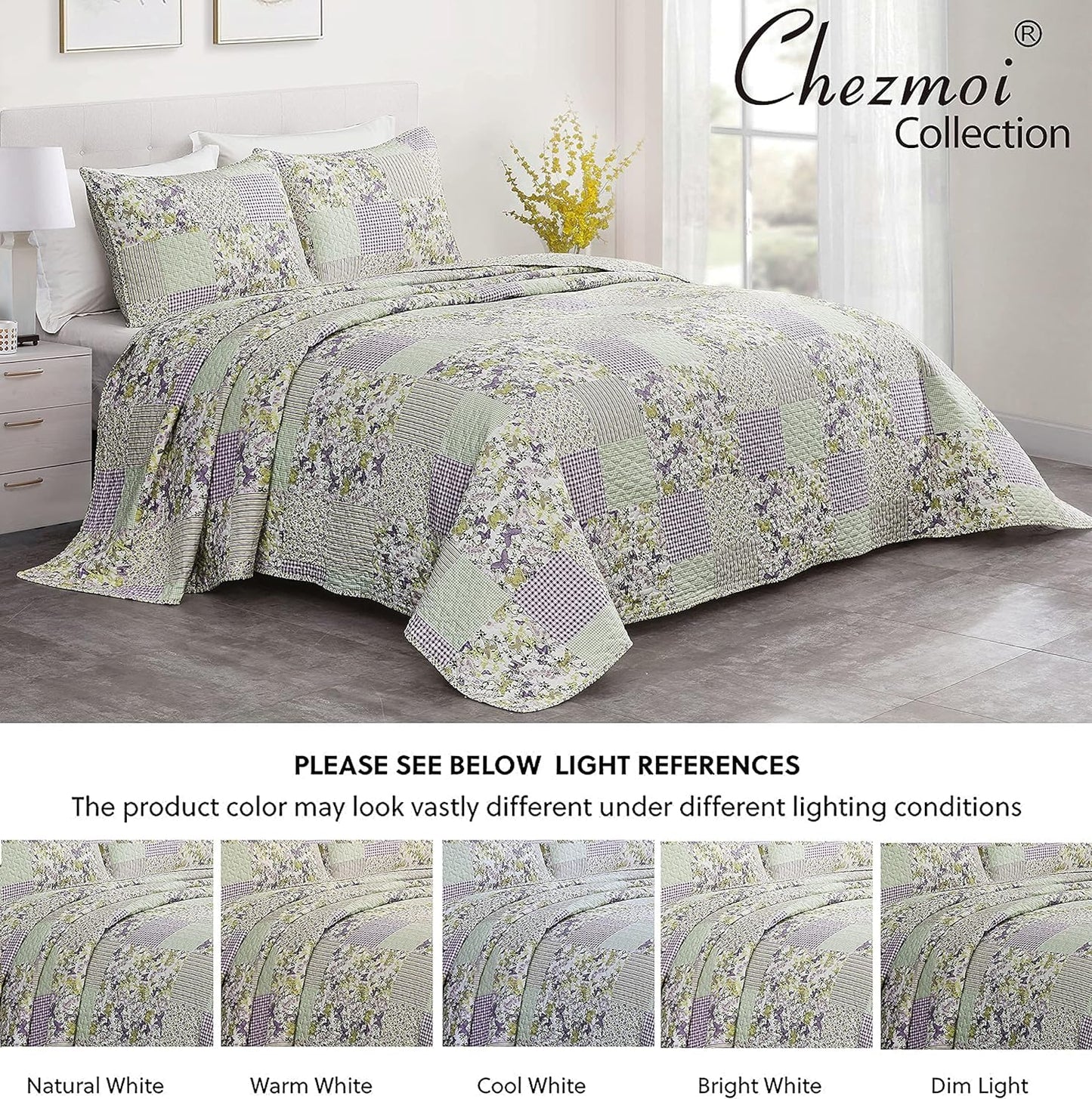 Chezmoi Collection Daisy 3-Piece Printed Patchwork Quilt Set - Purple Butterfly Botanical Candy Stripe Checkered Coverlet - Pre-Washed Microfiber Lightweight Reversible Bedspread, Full Size