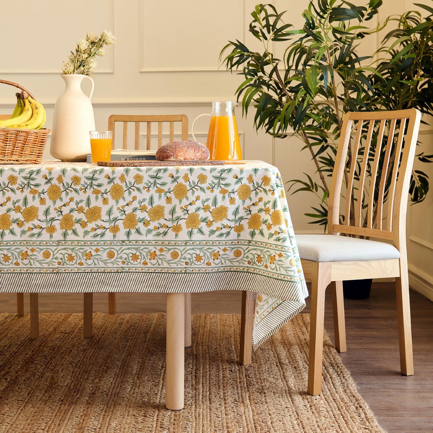 Encasa XO Rectangular Tablecloth 56"x72" 6 ft Yellow Jaipuri Block Print Cotton Dining Table Cloth | Handcrafted Floral tablecloths – Machine Washable for Indoor, Outdoor, Everyday Use