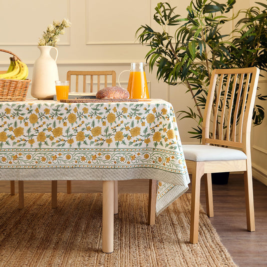 Encasa XO Rectangular Tablecloth 56"x72" 6 ft Yellow Jaipuri Block Print Cotton Dining Table Cloth | Handcrafted Floral tablecloths – Machine Washable for Indoor, Outdoor, Everyday Use