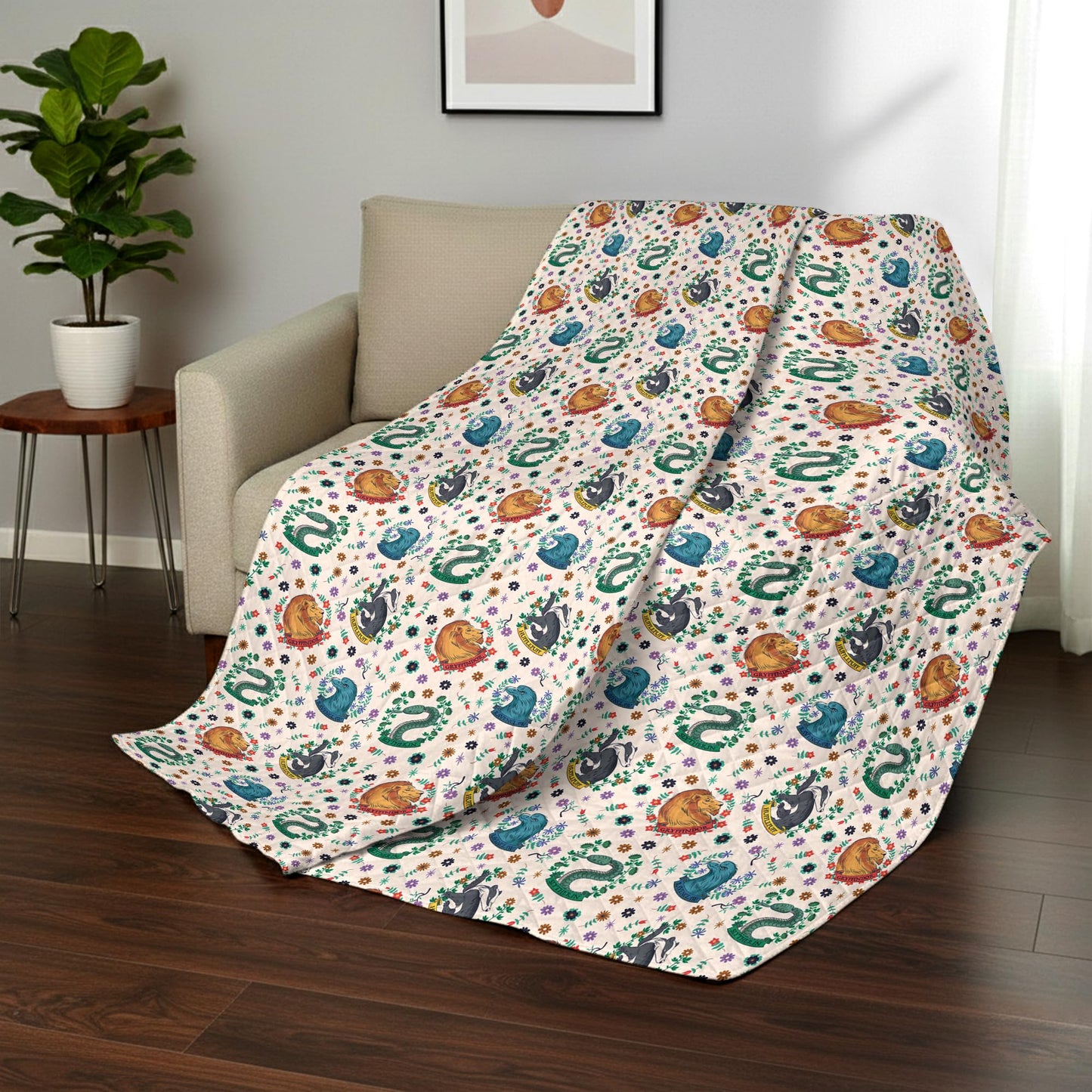 Harry Potter Botanical Crests Twin Quilted Throw Blanket Adults Boys Girls, Soft Lightweight Bedding for Bed, or Couch, 60 x 90 inches