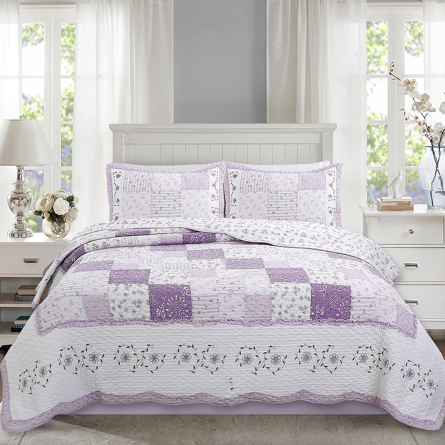 Cozy Line Home Fashions 100% Cotton Hand Pieced Real Patchwork Floral Scalloped Edge Country Quilt Bedding Set, Reversible Coverlet Bedspread for All Seasons (Love of Lavender, Queen - 3 piece)