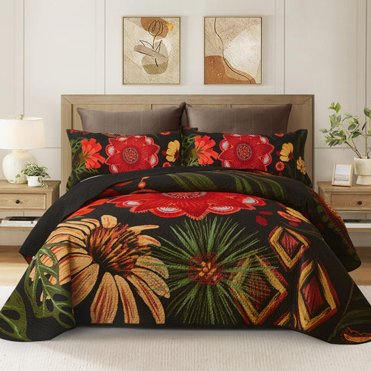 Tyrot 3 Piece Black Red Boho Floral Quilt Sets King Size Farmhouse Reversible Lightweight Bedspread Coverlet with 2 Shams Vintage Mid Century Microfiber Bedding Quilts Set for All Season, 106''x96''