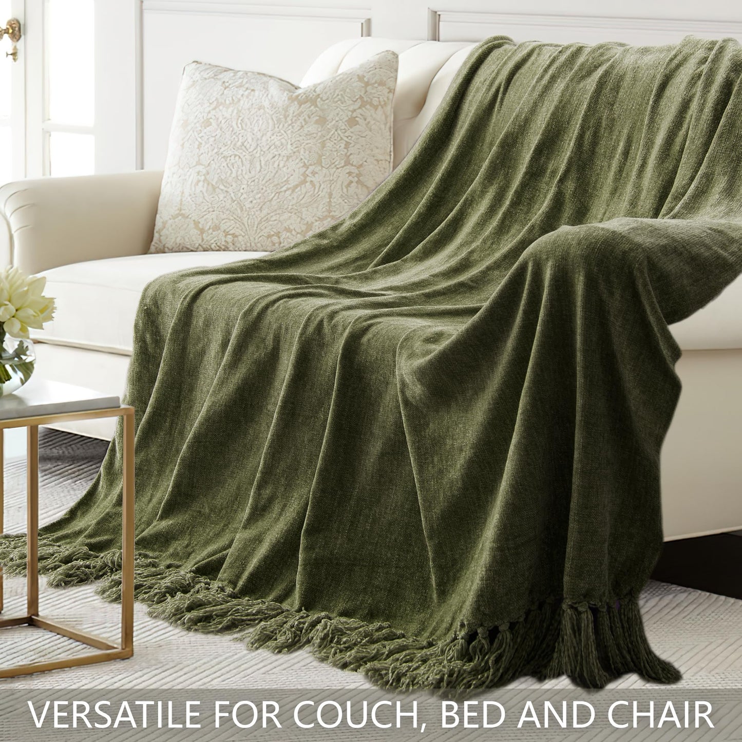 LONG CREATE Chunky Knit Throw Blanket Bundle Chenille Throw Blanket， 50"X 60" Olive Green