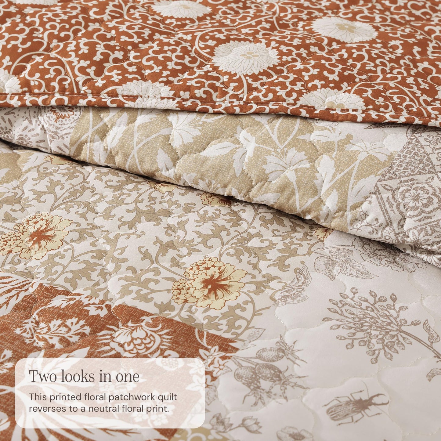 BLOOMHAVEN Quilt Set Queen Size, Patchwork Terracotta Floral Quilt Sets, Reversible Bedspread Lightweight and Breathable for All Seasons, Soft Quilted Bedspread with 2 Pillow Shams