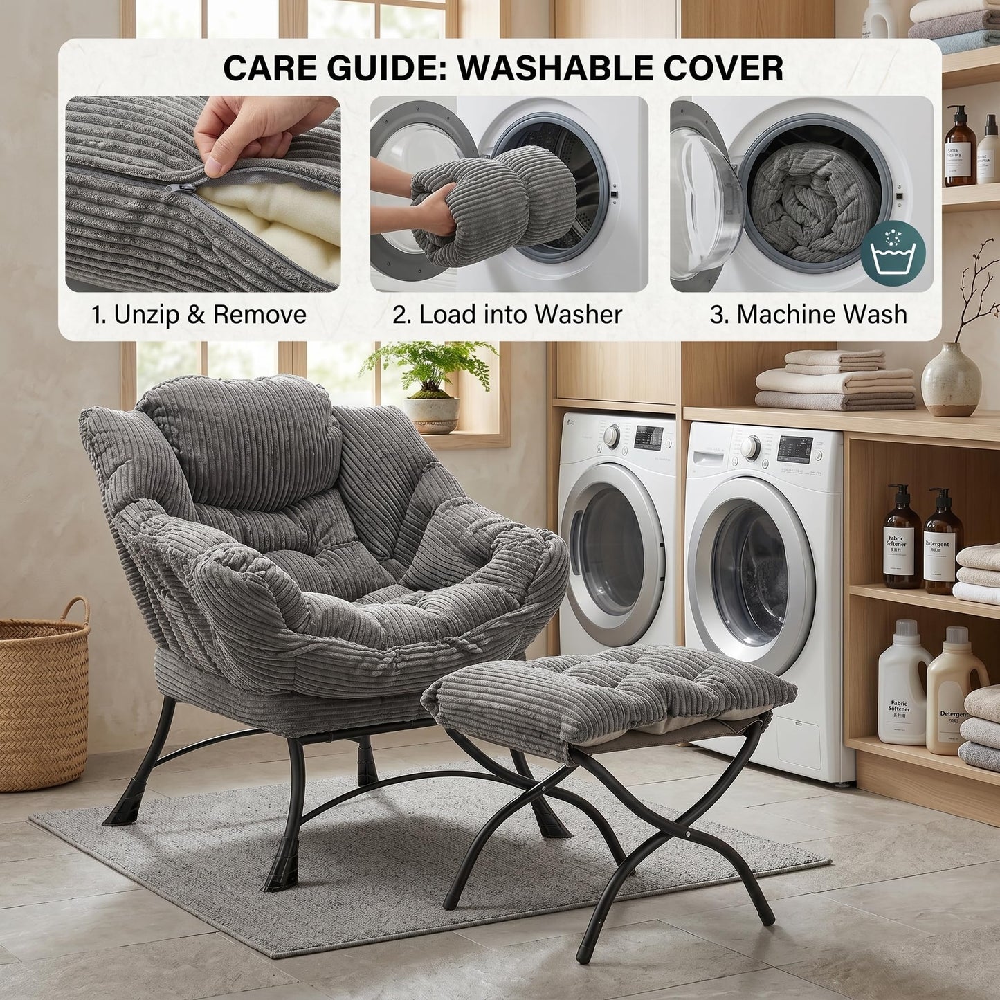 XUOXFUTZIG Lazy Chair with Ottoman, Oversized Comfy Accent Chair, 400LBS Heavy Duty Metal Frame, Thick Cushion Corduroy Lounge Chair for Living Room Bedroom Reading, Dark Gray