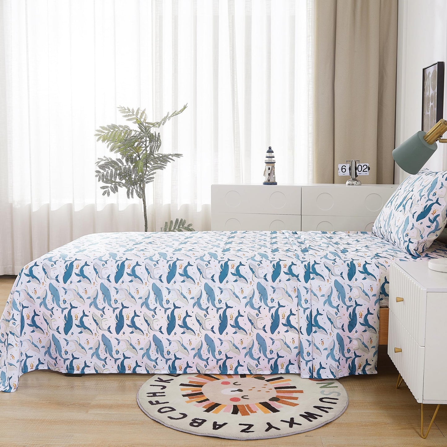 lasoftan Kids Sheet Set Twin Size, Twin Sheet Set with Marine Whales Pattern，Breathable Silky Soft Microfiber Kids Fitted Sheet