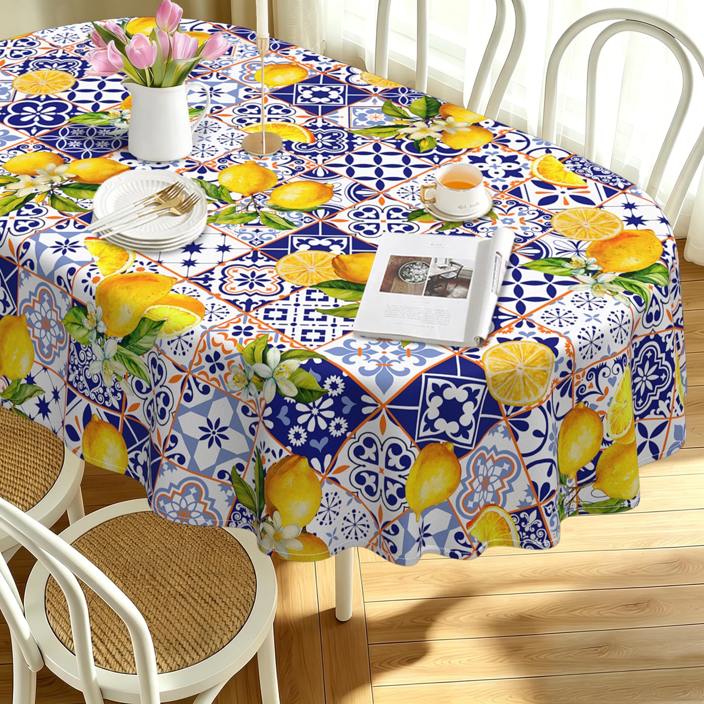 Oval French Lemon 60x84inch, Lemon Blossom Spring Summer Tablecloth, Country Farmhouse Waterproof Wrinkle Resistant Washable Tablecloth for Indoor and Outdoor, Holiday Kitchen Restaurant and Party