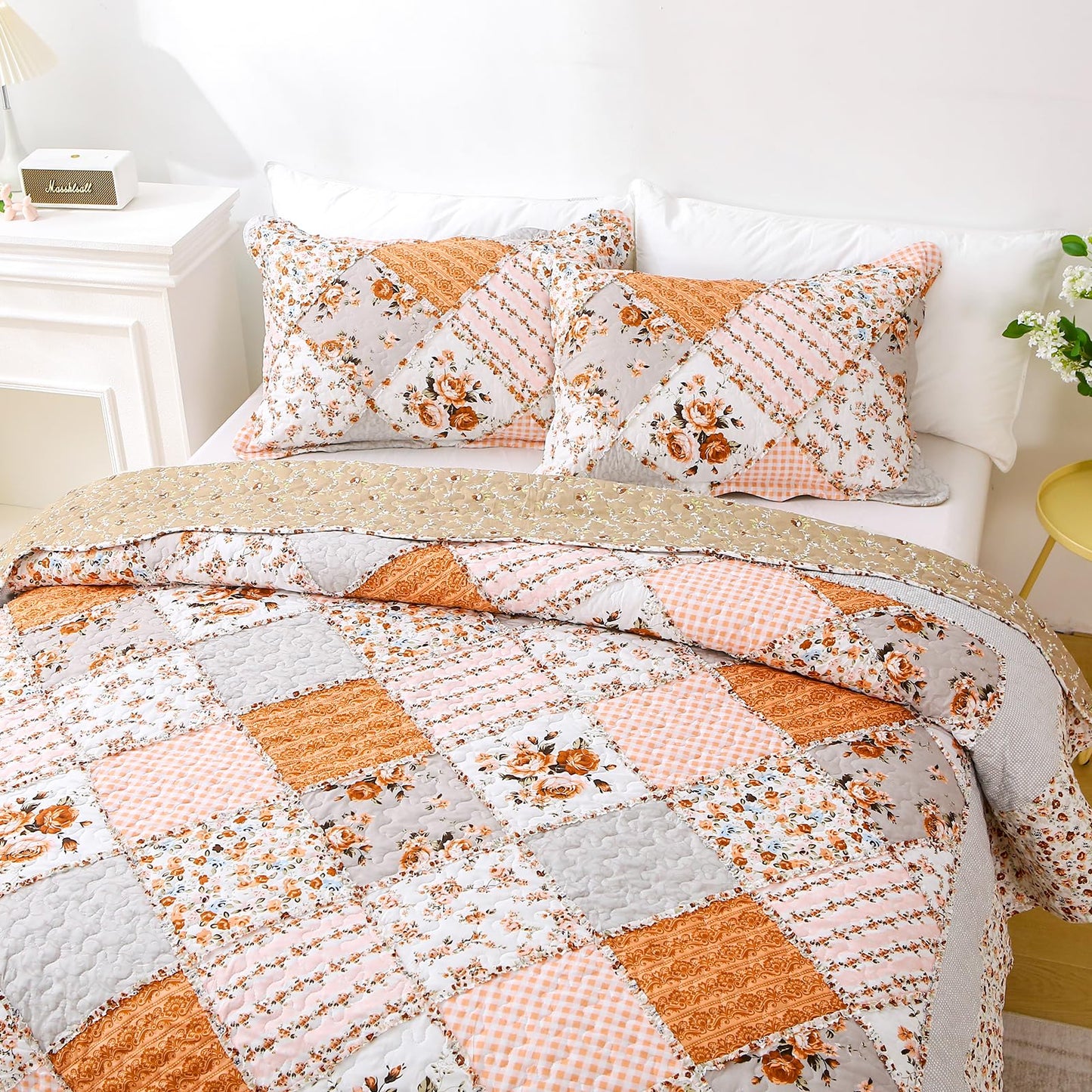 Yumhjika Patchwork Quilt Set Queen Size, 3 Pieces Floral Plaid Bedspreads Coverlet, Soft Microfiber Lightweight Bedding Set for All Season,Orange