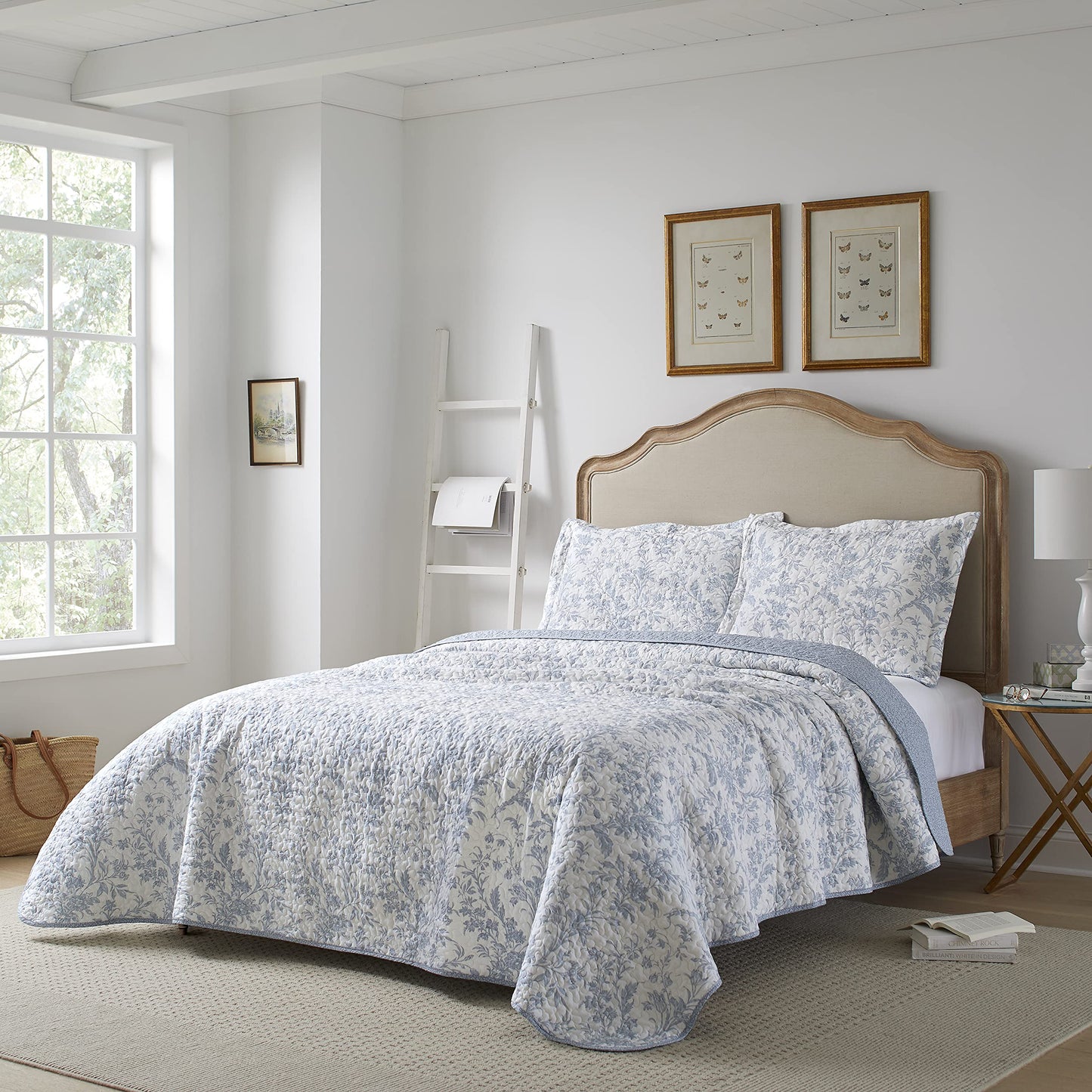 Laura Ashley – Twin Quilt Set, Soft & Lightweight Toile Bedding with Matching Shams, Reversible Floral Room Decor, College Dorm Room Essentials (Amberley Soft Blue)