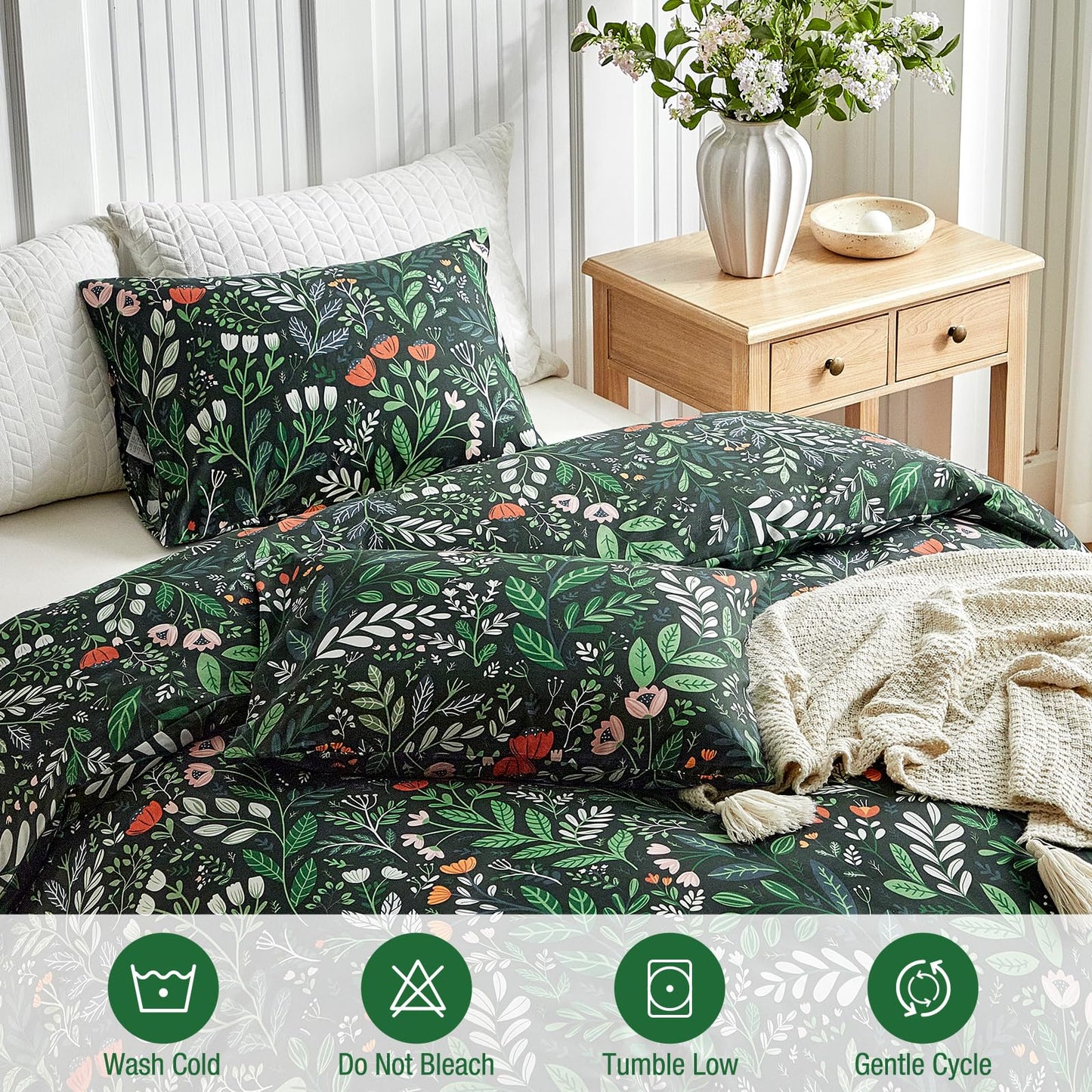 Lekesky King Size Reversible Duvet Cover, Duvet Cover King Size 3 Piece Romantic Garden Microfiber Botanical Bedding Set with Zipper Closure Corner Ties