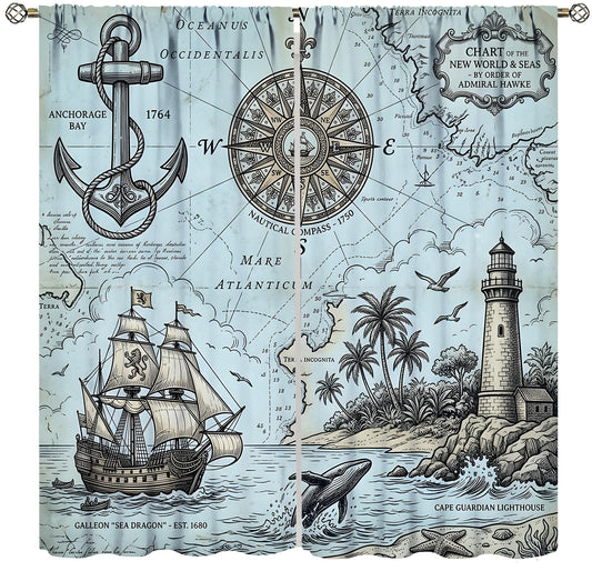 TFOSO Nautical Curtains,Vintage Marine Coastal Sailboat Compass Anchor Ocean Beach Lighthouse Decor Drape for Kitchen Bedroom Living Room Window Treatment 2 Panels Set Total Size 42" W X 45" L Inch
