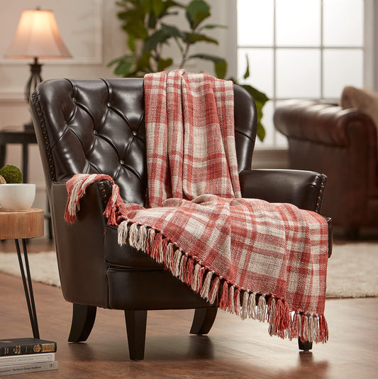 Chanasya Premium Farmhouse Pattern Plaid Throw Blanket Lightweight Knit Textured Woven Decorative Blanket for Couch Bed Living Room Blankets with Tassels Throw Blanket (50x65 Inches) Rust