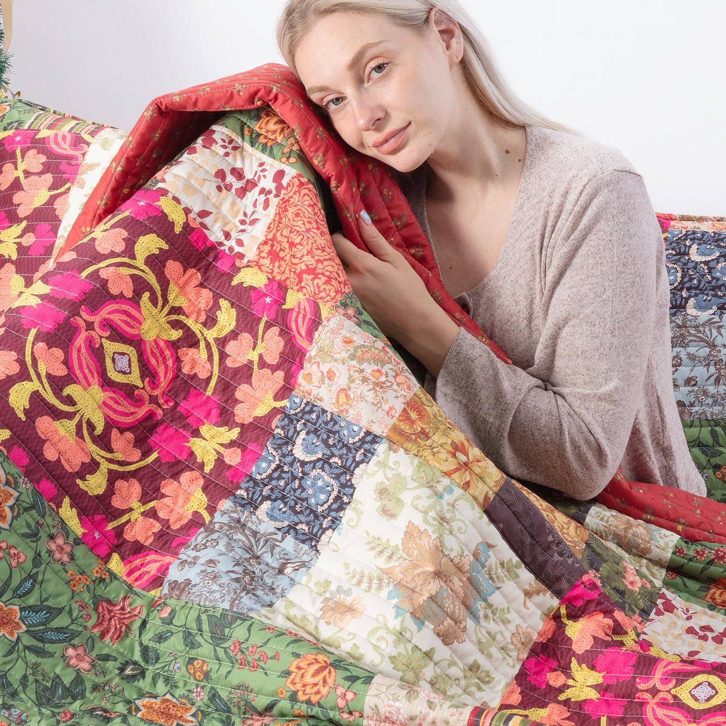 TEXSTEAD Queen Quilt Set for Bed - Patchwork Quilts Queen Size, Comforter Coverlet Bedspread Reversible 90"x90" with 2 Pillow Shams