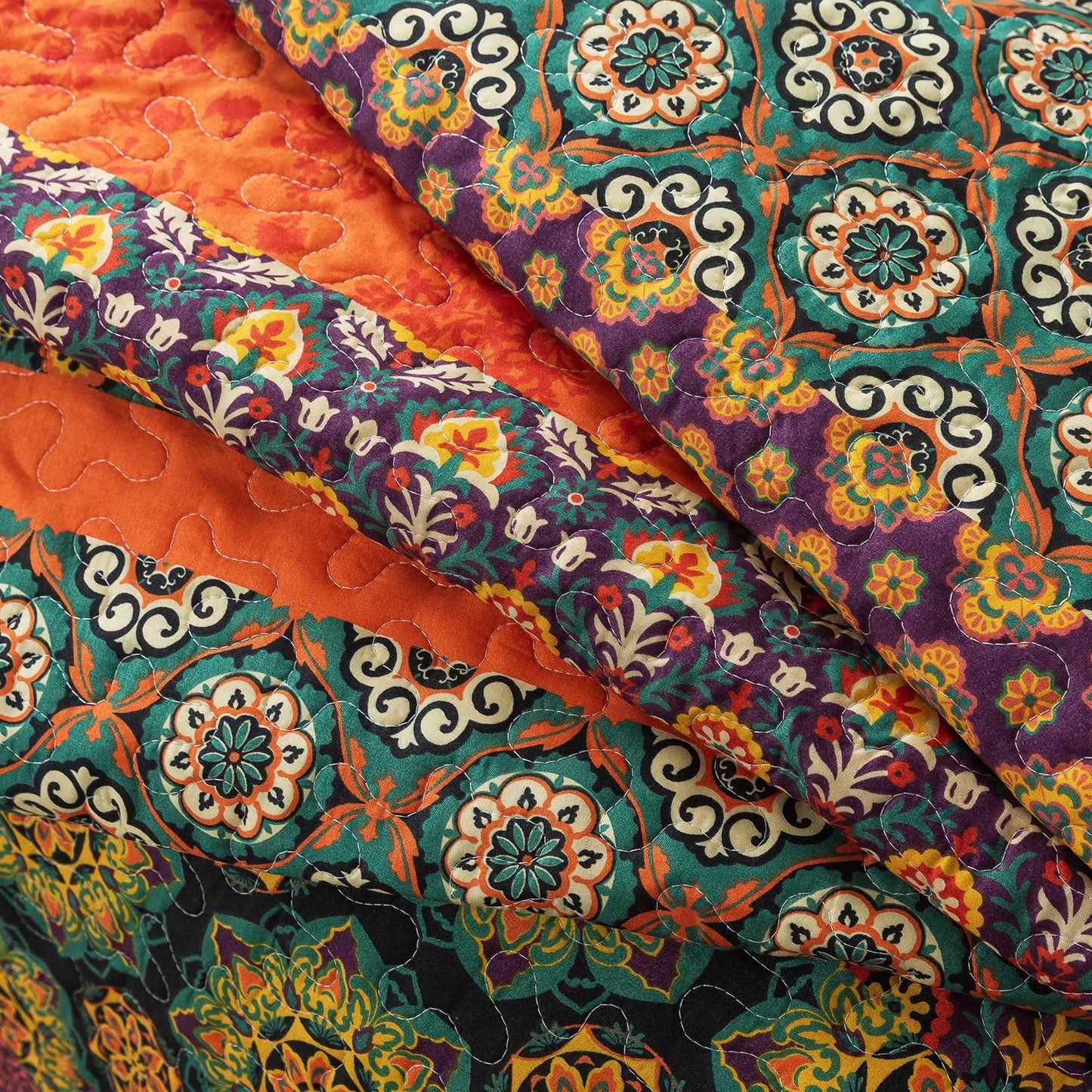 Travan Boho Stripe Quilt Sets Floral Printed Reversible Soft Bohemian Bedding Set with Shams for All Season, Orange Red Stripe, King Size