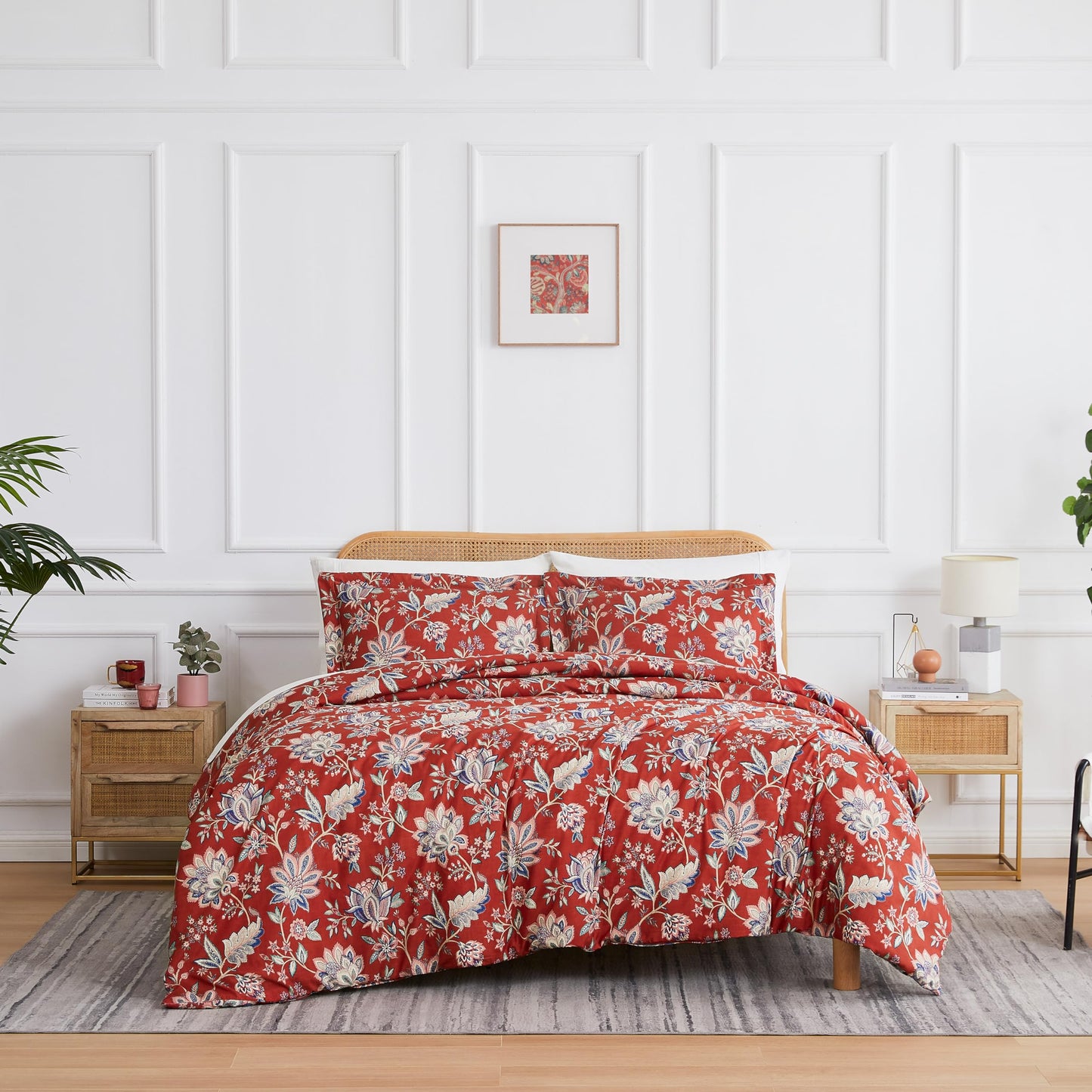 Southshore Fine Living, Inc. Oversized California King Duvet Cover - Red Floral Cal King Duvet Cover Set - Ultra Soft Microfiber, Fade Resistant - Zipper Closure, 2 Pillow Shams - Jacobean Willow Red