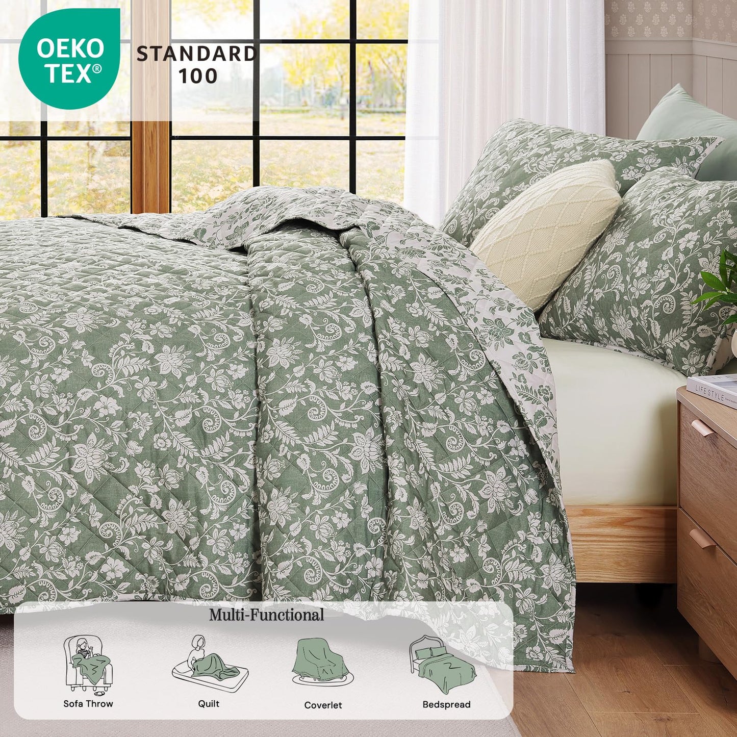 BLOOMHAVEN Quilt Set Queen Size, Green Floral Quilt Sets, Reversible Bedspread Lightweight and Breathable for All Seasons, Soft Quilted Bedspread with 2 Pillow Shams