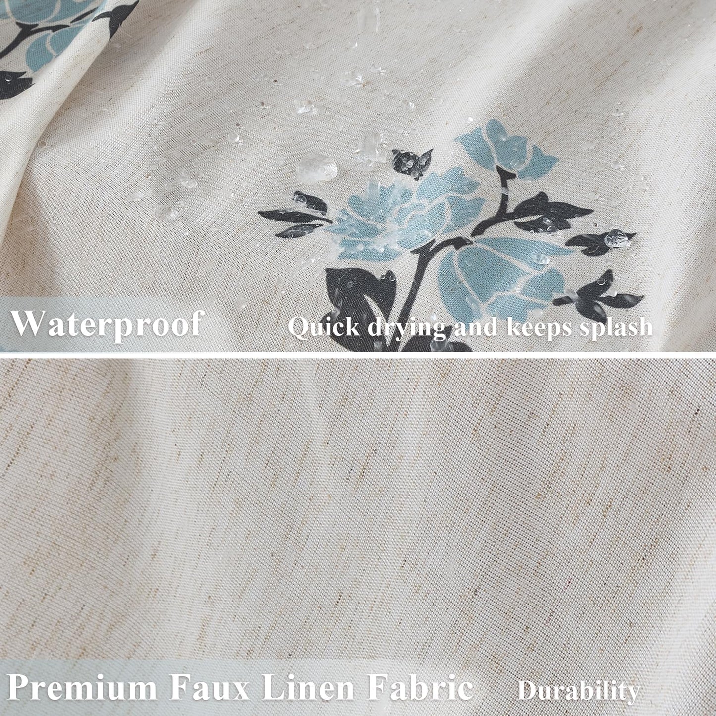 ORTIGIA Linen Blue Shower Curtains for Bathroom Boho Farmhouse Block Print Shower Curtain Set with Metal Hooks Floral Waterproof Aesthetic Rustic Fabric Bath Curtain for Home, Weighted, 72x72