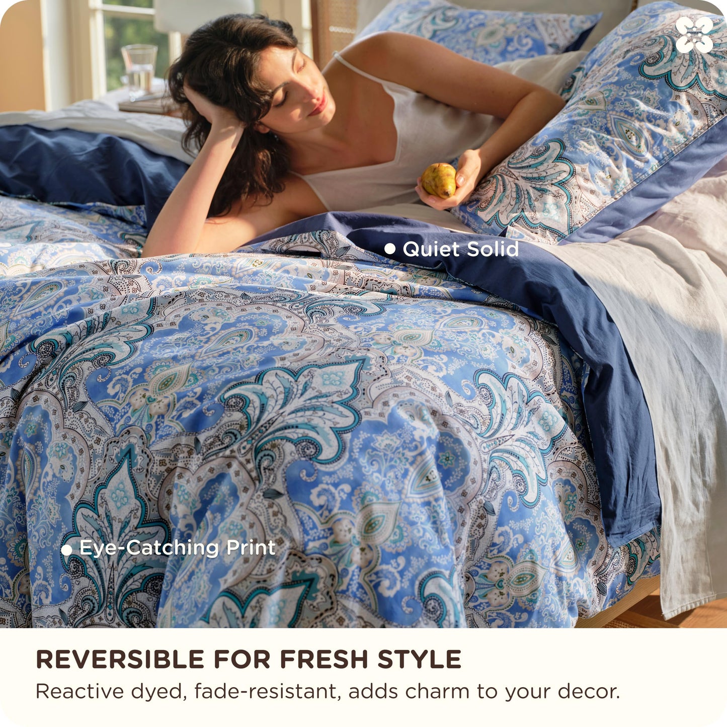 Bedsure Duvet Cover Queen Size - 100% Cotton Reversible Classic Paisley Damask Pattern Duvet Cover Set, 3 Pieces Soft & Breathable PureWoven Bedding Set with 2 Pillow Shams (Blue Paisley 90"x90")