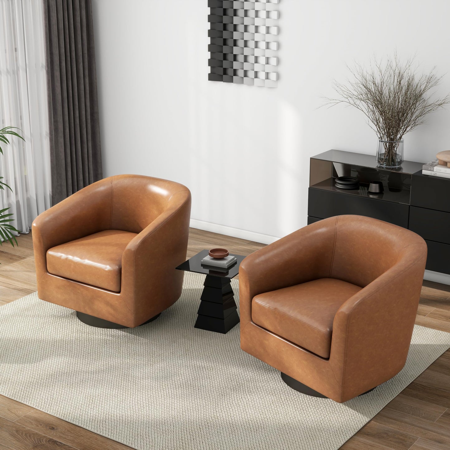 Pia Ricco Swivel Accent Chairs Set of 2, Faux Leather 360° Swivel Round Barrel Chair, Comfy Upholstered Fabric Single Sofa Club Armchair for Living Room/Reading Room, Brown