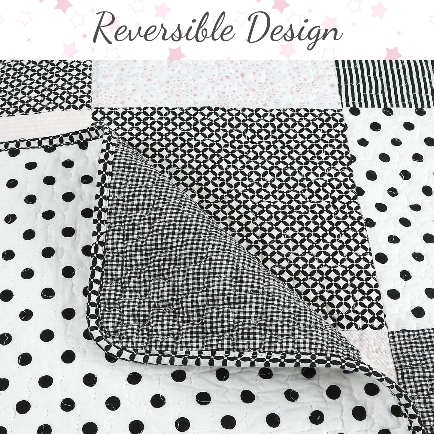Cozy Line Home Fashions Black White Pink Polka Dots Striped Star Girl 100% Cotton Reversible Quilt Bedding Set, All-Season Coverlet Bedspread (Black Pink, Twin - 2 Piece)