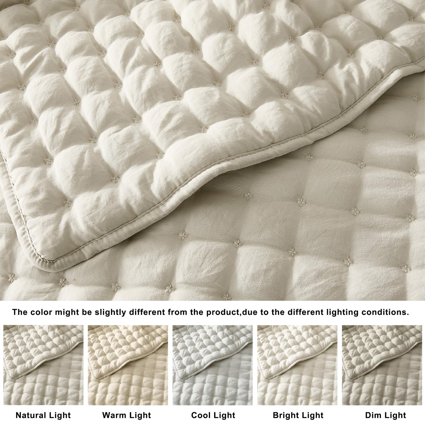 WDCOZY Beige Queen Size Quilts Bedding Sets with 2 Pillow Shams, Neutral Lightweight Soft Bedspread Coverlet, Quilted Blanket Thin Comforter Bed Cover for All Season, 3 Pieces, 90x90 inches