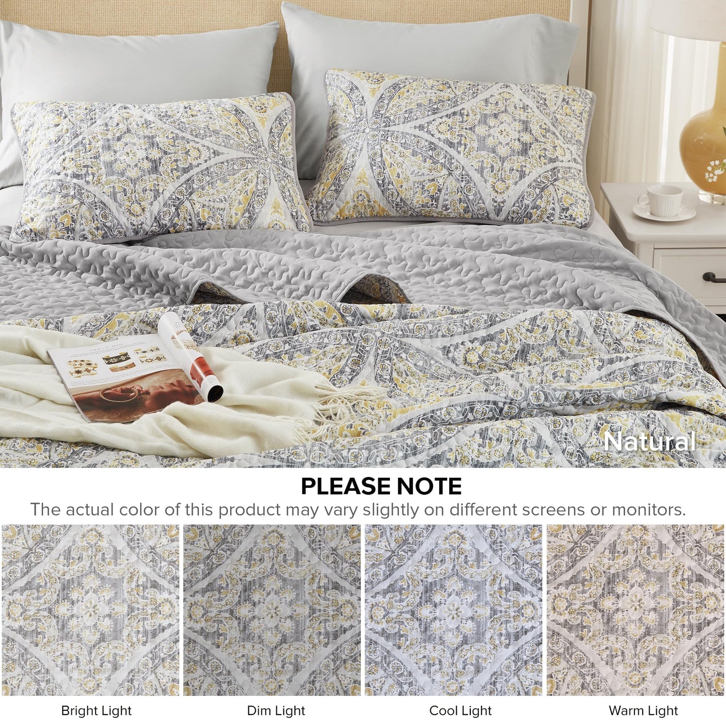 Comfort Spaces Boho Quilt Set Queen Reversible Vermicelli Quilting Queen Size Bed, All Season, Lightweight, Coverlet Winter Layer Bedding, Shams, Gloria, Full/Queen Grey/Yellow 3 Piece