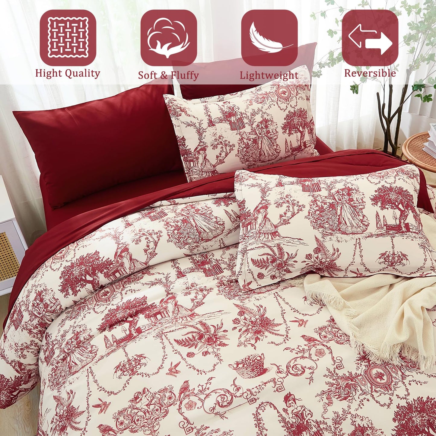Red Comforter Set Queen 7 Piece Bed in a Bag Toile de Jouy Botanical Comforter with Sheet Set Soft Micorfiber Bedding Set (1 Comforter,2 Pillow Shams,1 Flat Sheet,1 Fitted Sheet,2 Pillowcases)