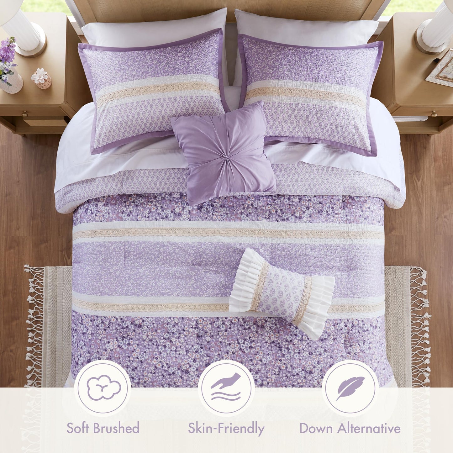 Madison Park Comforter Set, Seersucker Floral King Size Comforter Sets, Microfiber Comforters, All Season Lightweight Comforter, Throw Pillows, Caralie, King/Cal King Purple 5 Piece