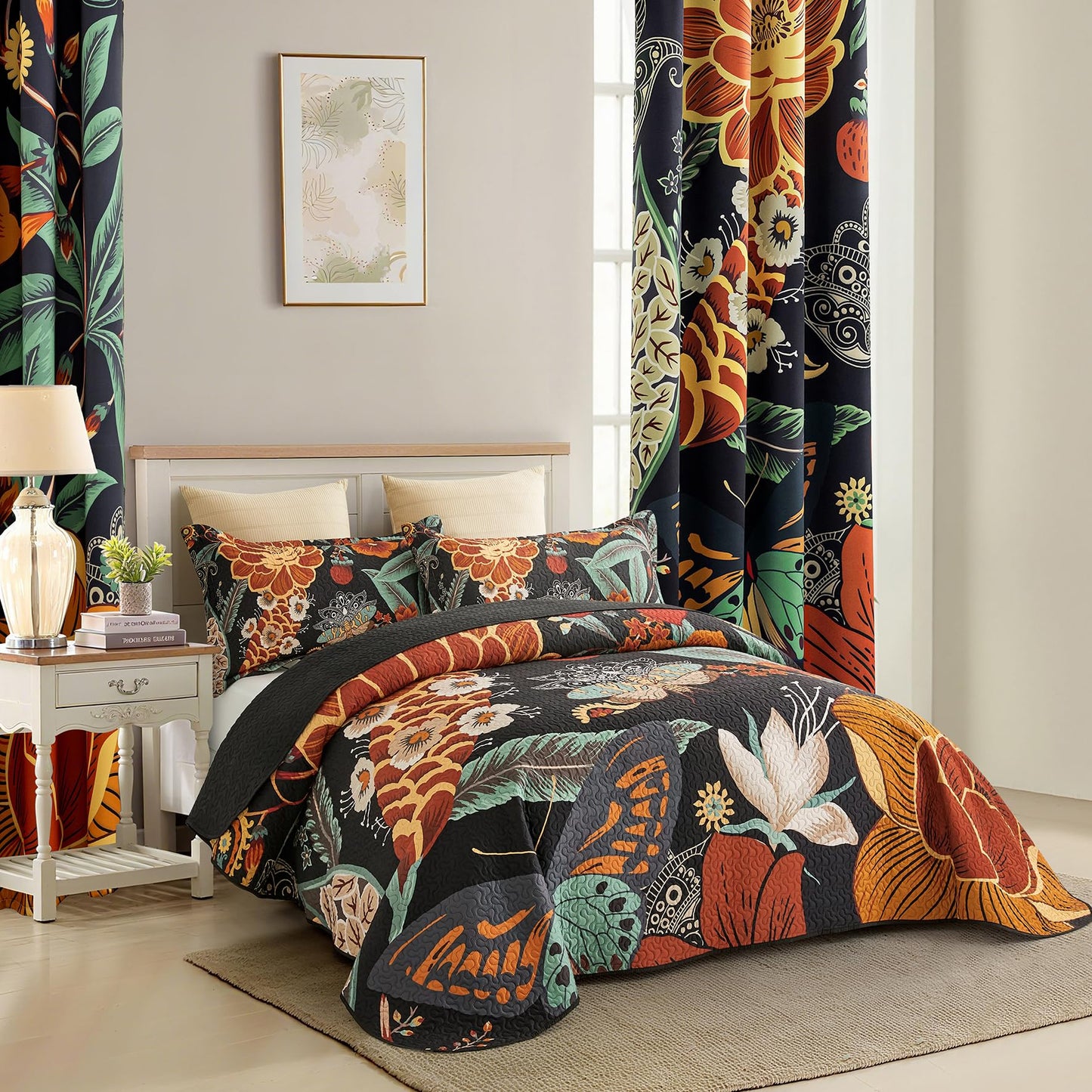 Tyrot 3 Piece Black Boho Floral Full/Queen Quilt Sets Reversible Farmhouse Botanical Lightweight Bedspread Coverlet with 2 Shams Butterfly Microfiber Bedding Quilts Set for All Season, 90''x96''