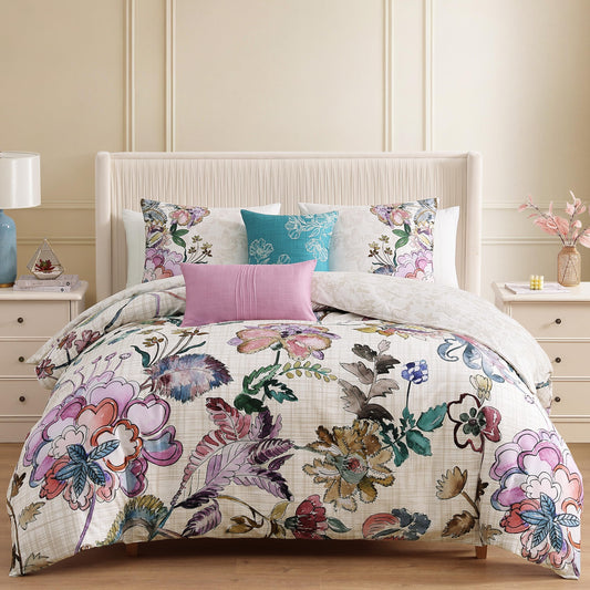 Bebejan Watercolor Jacobean 5 Piece Reversible Comforter Set, 100% Cotton Sateen, 220 Thread Count, Mauve Floral Bedding Comforter Set, 1 Comforter, 2 Shams & 2 Pillows (King/Cal King)